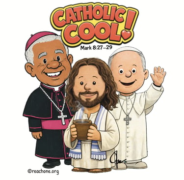 Cartoon caricatures of Bishop, Jesus, and Pope celebrating Catholic in the Carolinas!