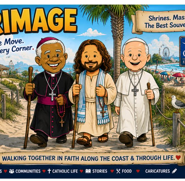 Cartoon Bishop prayer walking with Jesus and the Pope at a beach in the Carolinas.