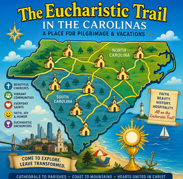 Cartoon style map of a trail across the Carolinas where the Holy Eucharist is consecrated.