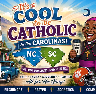 Colorful cartoon banner announcing Cool 2B Catholic in Carolinas