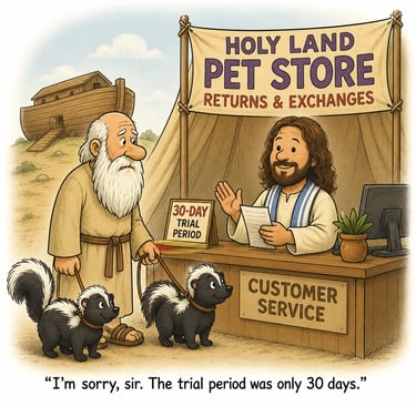 A Bible cartoon humorously reminding us that it was not easy for Noah to save all the animals .
