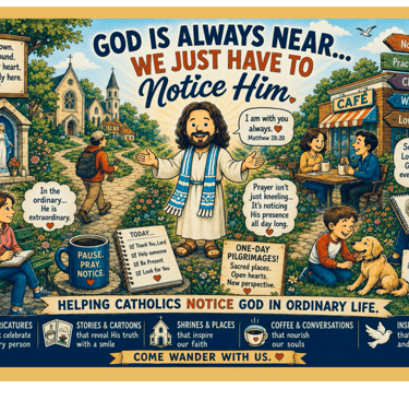 A cartoon collage reminding the viewer that God is with us all the time and everywhere.