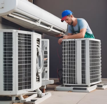 A modern, rectangular air conditioning or heating unit with the logo 'alpha innotec' is installed outside a building with a dark gray brick exterior. The unit is positioned against a light concrete wall, and there is overgrown grass along the edge of the pavement.