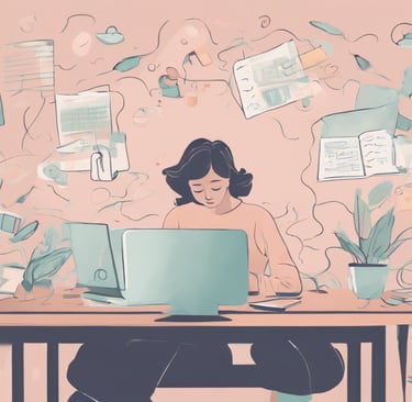 a woman sitting at a desk with a laptop and a laptop