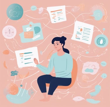 a woman sitting in a chair with a lot of paperwork