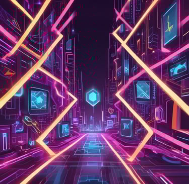 Abstract futuristic digital artwork with glowing geometric shapes, holographic elements, and soft ne