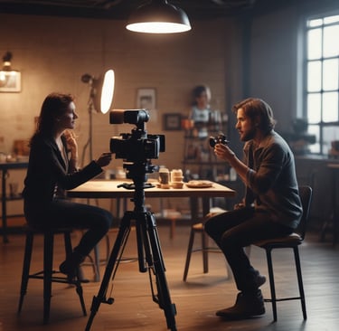 A group of people is engaged in a video production setting. Two individuals in the foreground are seated; one of them is wearing a headset and holding a device with various buttons, the other appears to be observing. In the background, three other people are standing, with one person looking at a video camera setup on a tripod. The room has futuristic, minimalist decor with white walls and a large, circular light fixture on the ceiling.