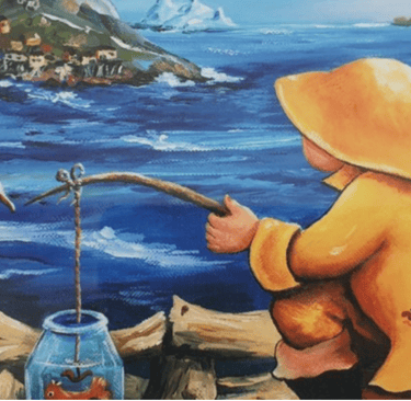 a painting of a man fishing in the ocean