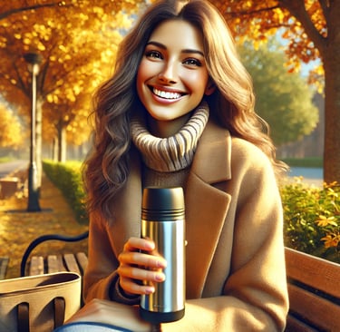 Mulher com seu copo térmico