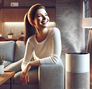 Mulher usando purificador de ar