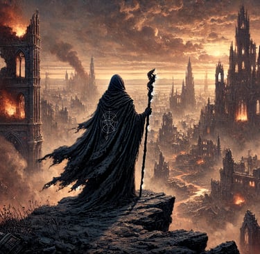 Anuheim - Warlock Looking Over Ruined Capital City metropolis
