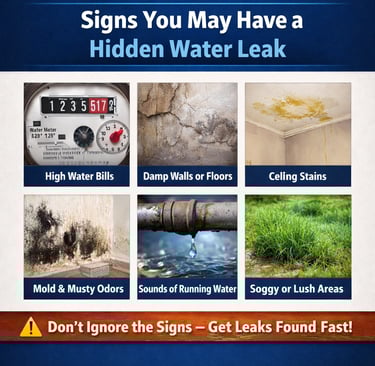infographic with signs of a hidden water leak, water meter, wet wall and ceiling, mold water running
