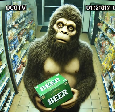 A sasquatch steeling beer on CCTV