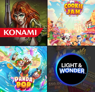 A grid featuring Konami, Cookie Jam, Panda Pop, and Light & Wonder mobile game graphics and logos.