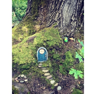 a fairy door with a green door in a tree root