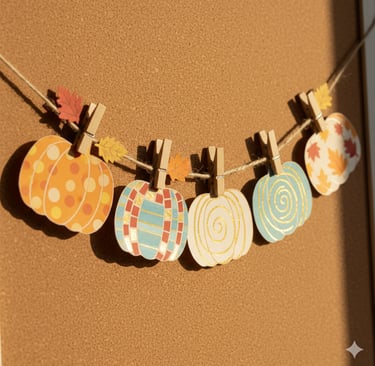 Decorated paper pumpkins clipped to twine as a fall banner