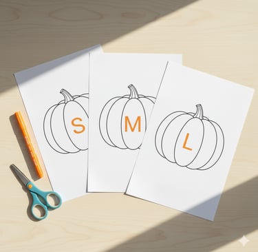 Three printable pumpkin outline pages labeled small, medium, and large.