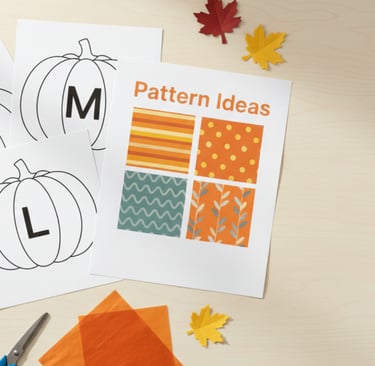 Top-down photo of free printable pumpkin outlines in three sizes with pattern ideas sheet