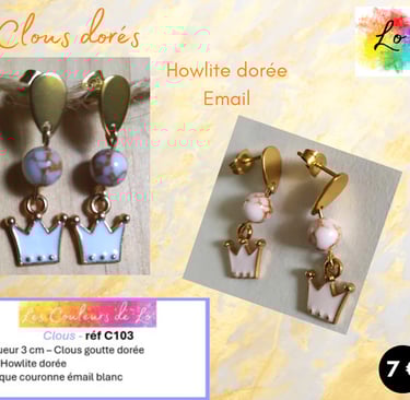 Boucles clous dorés Howlite dorée couronne émail blanc Les Couleurs de Lo