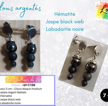Clous argentés Hématite Jaspe black web Labadorite noire Les Couleurs de Lo