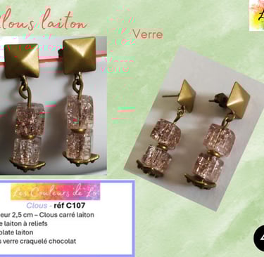 Boucles clous carré laiton cubes verre craquelé plaque laiton à reliefs Les Couleurs de Lo