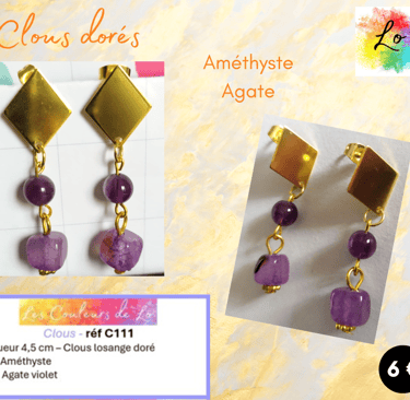 Boucles clous dorés Améthyste Agate Les Couleurs de Lo