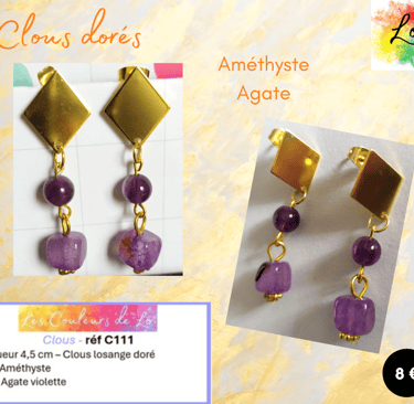 Boucles clous losange doré Améthyste Agate Les Couleurs de Lo