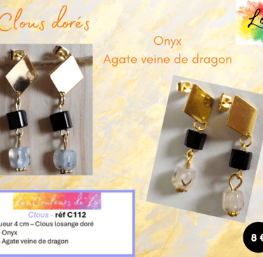 Boucles clous losange doré Onyx Agate Les Couleurs de Lo