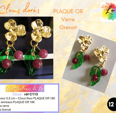 Boucles clous fleur Plaqué or feuille verre Grenat Les Couleurs de Lo