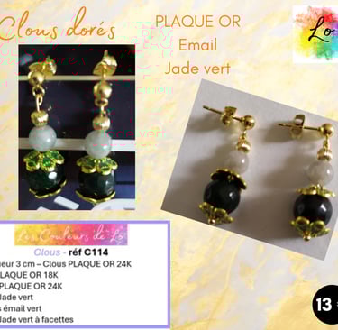 Boucles clous Plaqué or perle Plaqué or Jade fleur émail vert Jade à facettes Les Couleurs de Lo