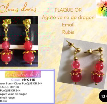 Boucles clous Plaqué or Agate fleur émail rouge Rubis Les Couleurs de Lo