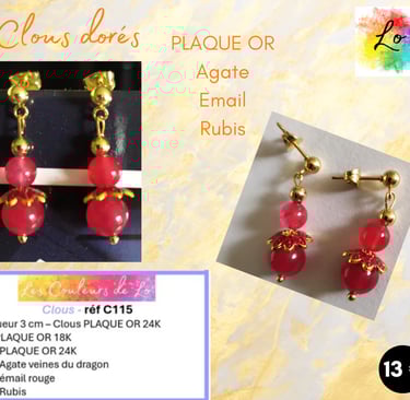 Boucles clous Plaqué or Agate fleur émail rouge Rubis Les Couleurs de Lo