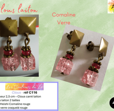 Boucles clous carré laiton fleurs laiton Cornaline rouge cube verre craquelé Les Couleurs de Lo
