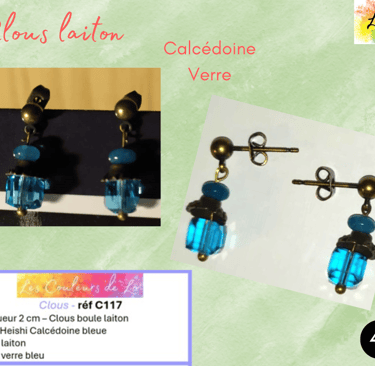 Boucles clous laiton Calcédoine bleue cône laiton cube verre bleu Les Couleurs de Lo