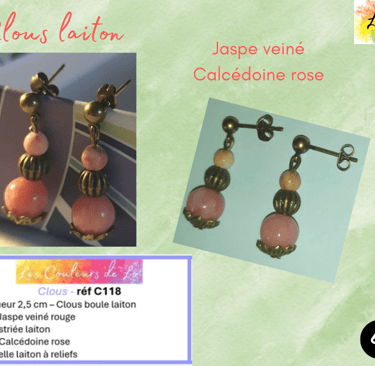 Boucles clous laiton Jaspe veiné perle laiton Calcédoine rose Les Couleurs de Lo