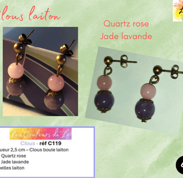 Boucles clous laiton Quartz rose coupelles laiton Jade lavande Les Couleurs de Lo