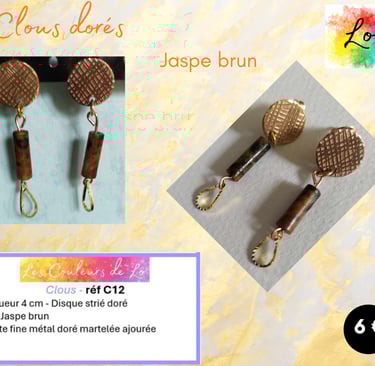 Boucles clous dorés Jaspe brun goutte métal martelé Les Couleurs de Lo