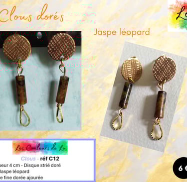 Boucles clous dorés Jaspe léopard goutte métal martelé Les Couleurs de Lo