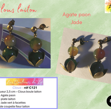 Boucles clous laiton Agate paon Jade vert à facettes grande fleur laiton Les Couleurs de Lo