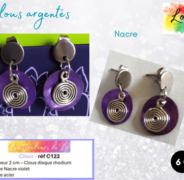 Boucles clous argentés disque Nacre violet spirale acier Les Couleurs de Lo