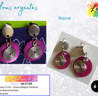 Boucles clous argentés disque Nacre fuchsia spirale acier Les Couleurs de Lo