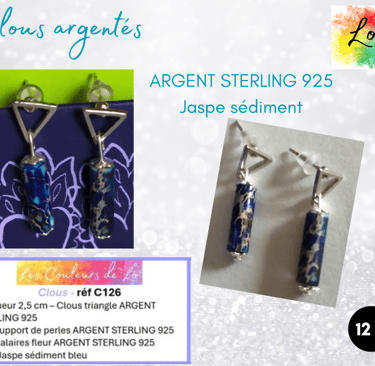 Boucles clous triangle Argent sterling 925 Jaspe sédiment Les Couleurs de Lo