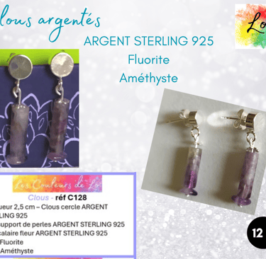 Boucles clous Argent sterling 925 Fluorite Améthyste Les Couleurs de Lo