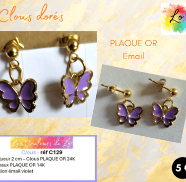 Boucles clous Plaqué or papillon émail violet Les Couleurs de Lo