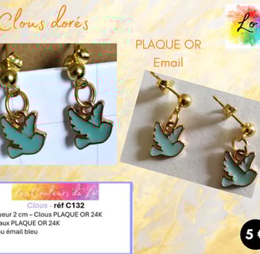 Boucles clous Plaqué or oiseau émail bleu Les Couleurs de Lo