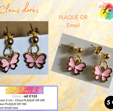 Boucles clous Plaqué or papillon émail rose Les Couleurs de Lo