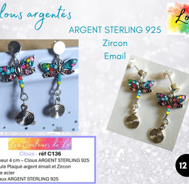 Boucles clous Argent Sterling libellule Plaqué argent Zircon émail spirale acier Les Couleurs de Lo
