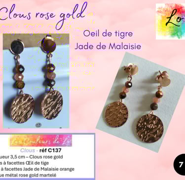 Boucles clous rose gold Œil de tigre Jade de Malaisie disque martelé Les Couleurs de Lo