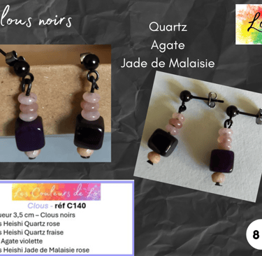 Boucles clous noirs Quartz rose Quartz fraise Agate violette Jade de Malaisie Les Couleurs de Lo
