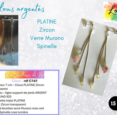 Boucles clous Platine Zircon chaînette triple verre Murano Spinelle Les Couleurs de Lo
